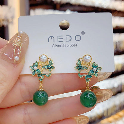 Green Beaded Floral Drop Earrings