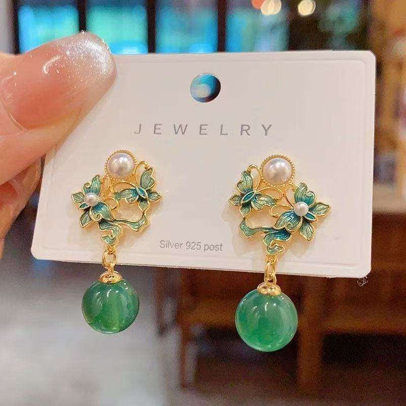 Green Beaded Floral Drop Earrings
