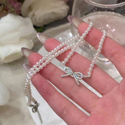 Korean Pearl Beads Bow Pendant Necklace
