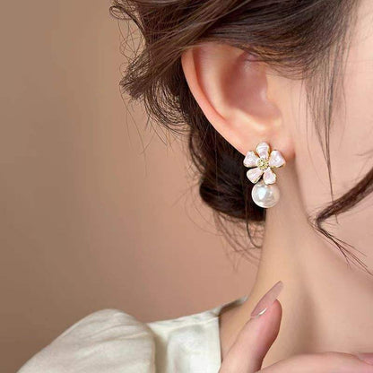 Korean Floral Pearl Drop Earrings