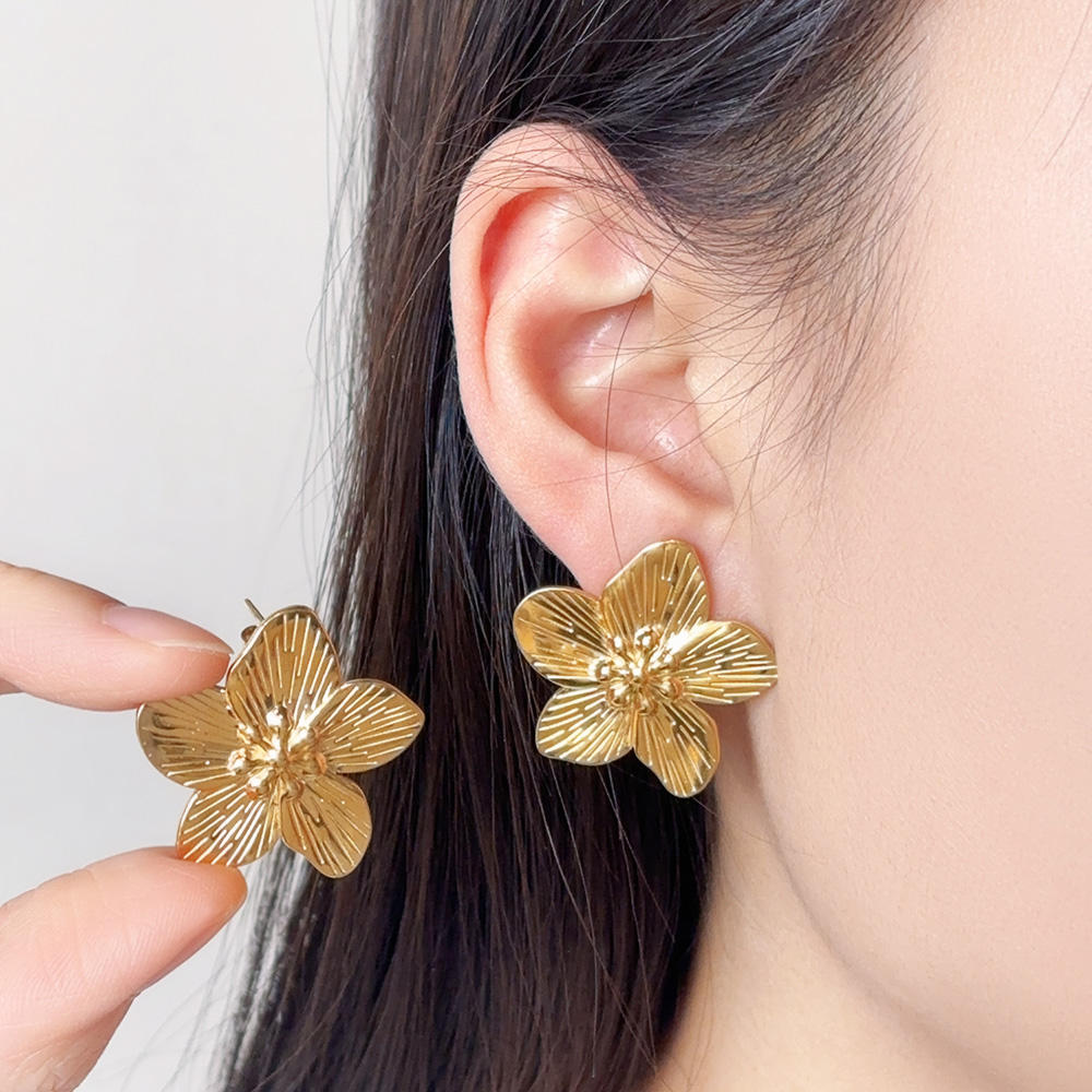 Golden Floral Textured Stud Earrings 316L