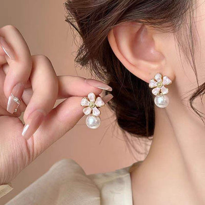 Korean Floral Pearl Drop Earrings