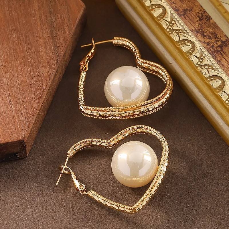Korean Gold-Tone Pearl Hoop Earrings