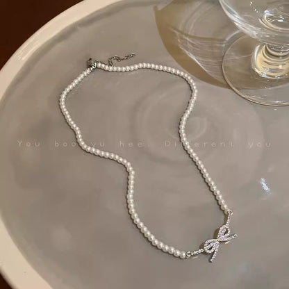 Korean Pearl Beads Bow Pendant Necklace