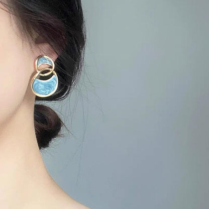 Blue Enamel Geometric Drop Earrings