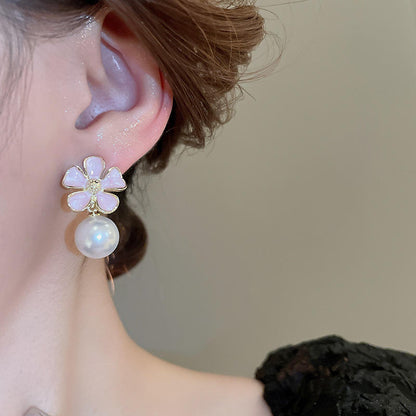 Korean Floral Pearl Drop Earrings
