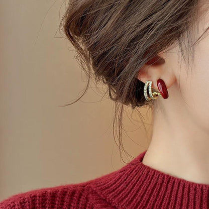 Korean Double Hoop Crystal Stud Earrings