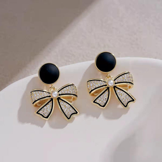 Black Bow Crystal Pearl Earrings