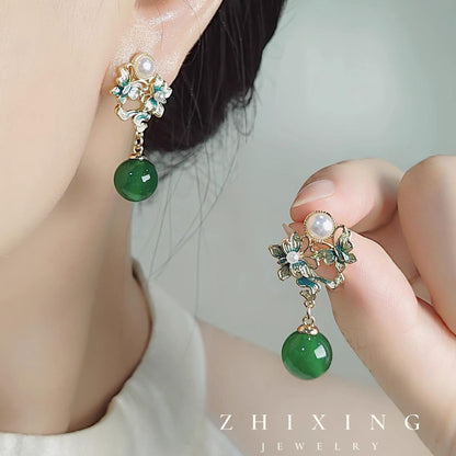 Green Beaded Floral Drop Earrings