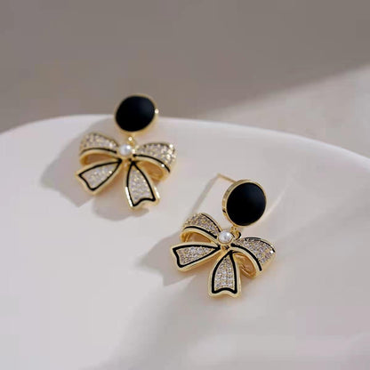 Black Bow Crystal Pearl Earrings