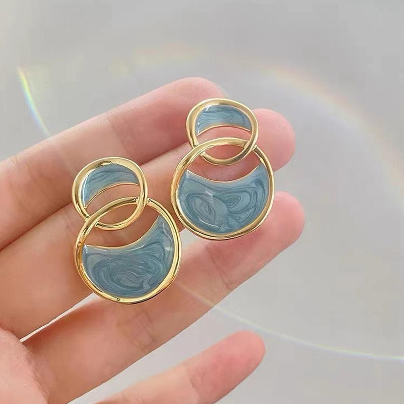 Blue Enamel Geometric Drop Earrings