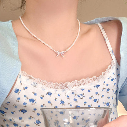 Korean Pearl Beads Bow Pendant Necklace