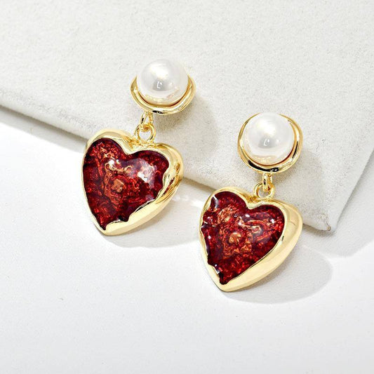 Red Heart Pearl Drop Earrings