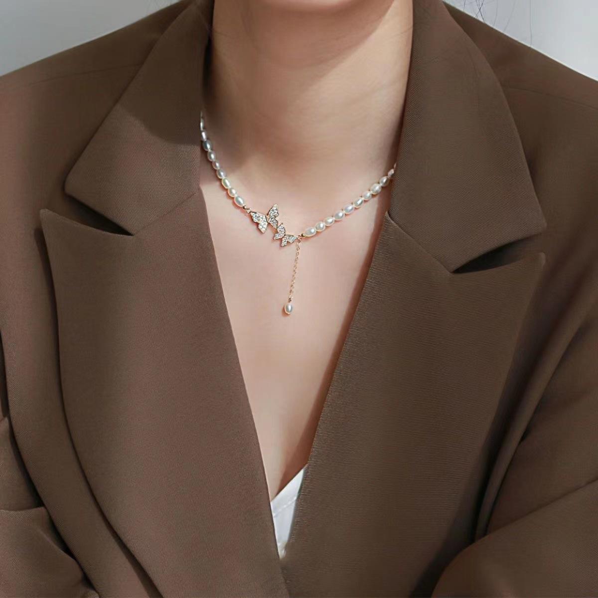 Pearl Beads Butterfly Charm Necklace