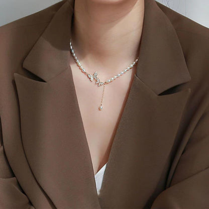 Pearl Beads Butterfly Charm Necklace