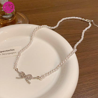 Korean Pearl Beads Bow Pendant Necklace
