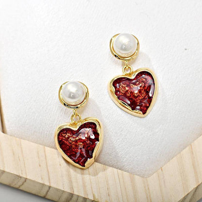 Red Heart Pearl Drop Earrings