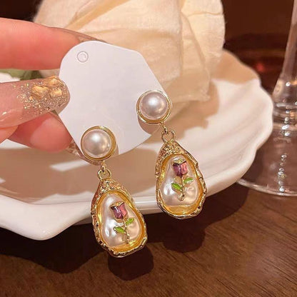 Elegant Floral Pearl Drop Earrings