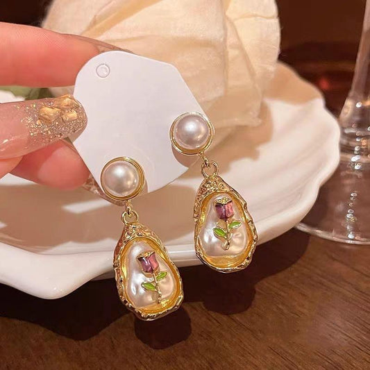 Elegant Floral Pearl Drop Earrings