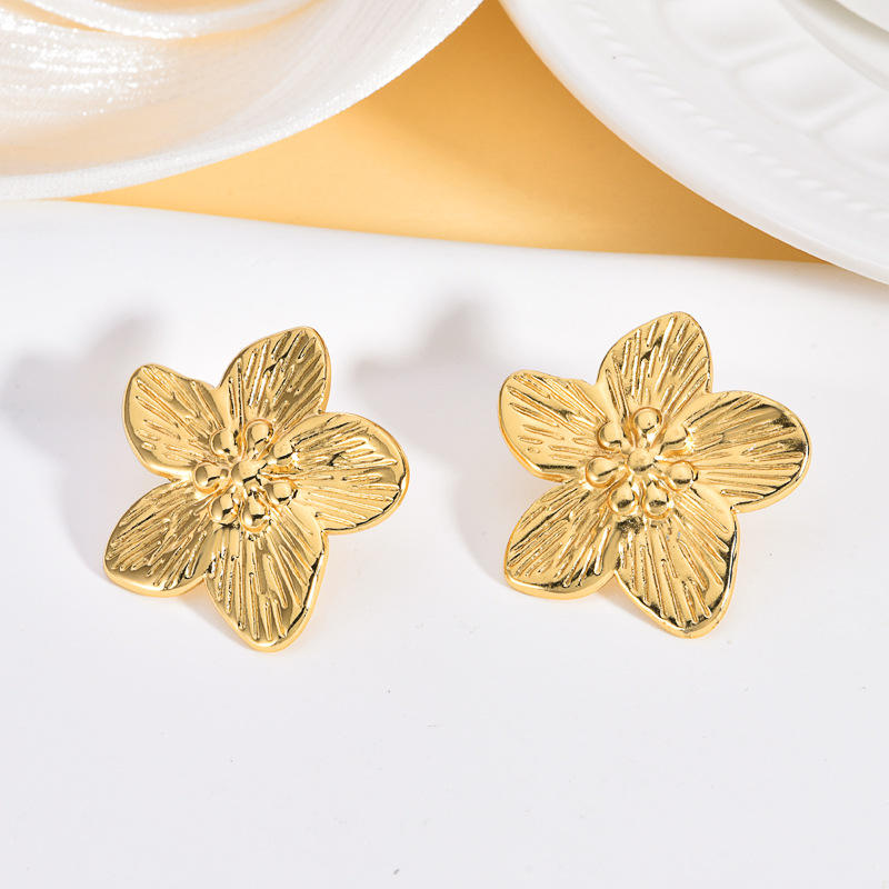Golden Floral Textured Stud Earrings 316L