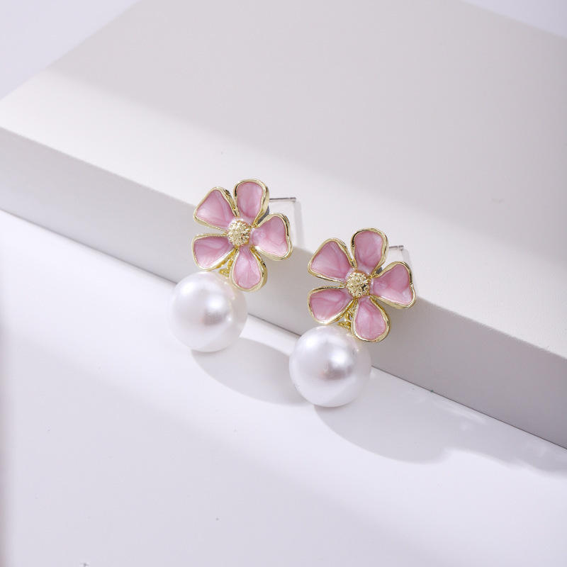 Korean Floral Pearl Drop Earrings
