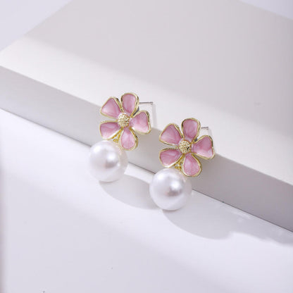 Korean Floral Pearl Drop Earrings