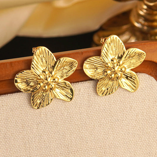 Golden Floral Textured Stud Earrings 316L