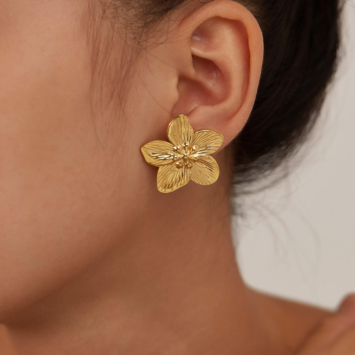 Golden Floral Textured Stud Earrings 316L