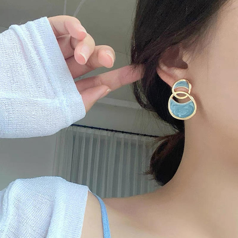 Blue Enamel Geometric Drop Earrings