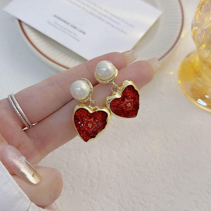 Red Heart Pearl Drop Earrings