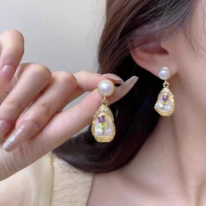 Elegant Floral Pearl Drop Earrings