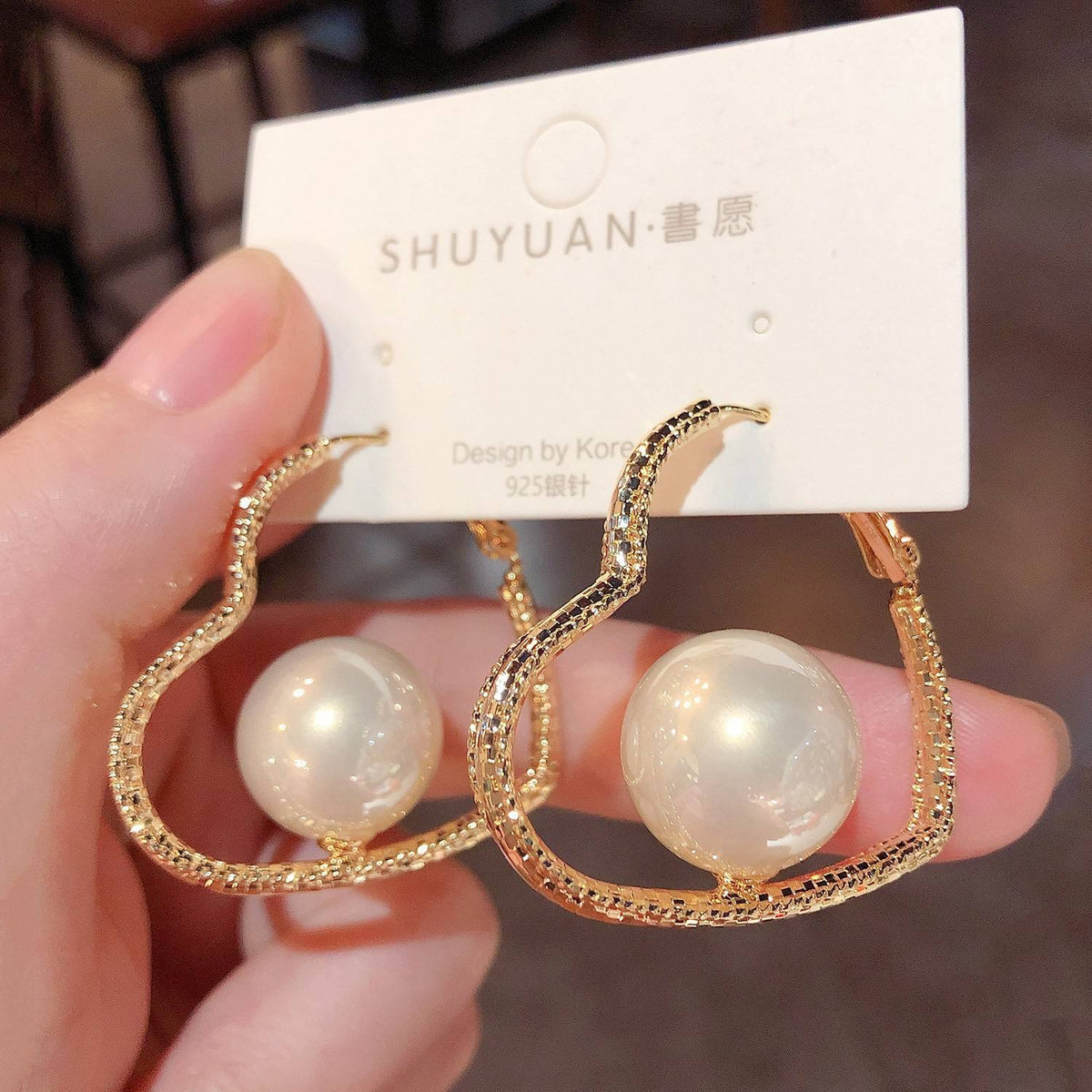 Korean Gold-Tone Pearl Hoop Earrings