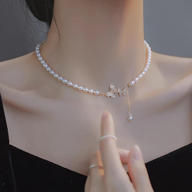 Pearl Beads Butterfly Charm Necklace