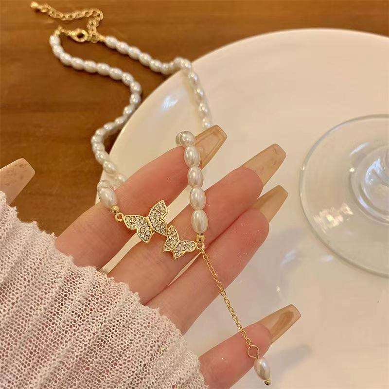 Pearl Beads Butterfly Charm Necklace