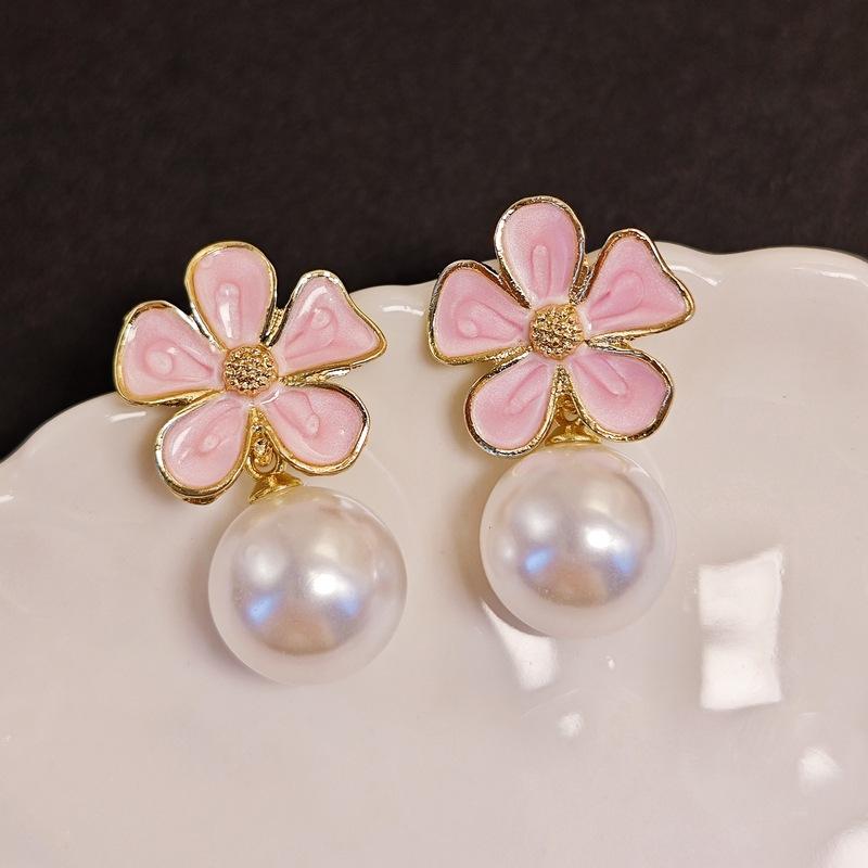 Korean Floral Pearl Drop Earrings