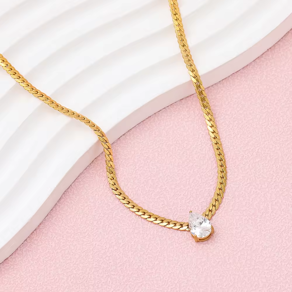 Snake Chain Teardrop Crystal Necklace