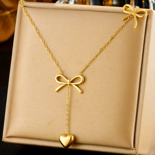 Heart Drop Two Bow Necklaces - BlingVows - Best Imitation & Anti Tarnish Jewelry Wholesaler