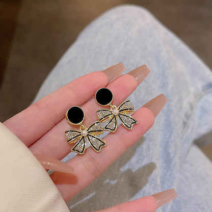Black Bow Crystal Pearl Earrings