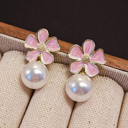 Korean Floral Pearl Drop Earrings