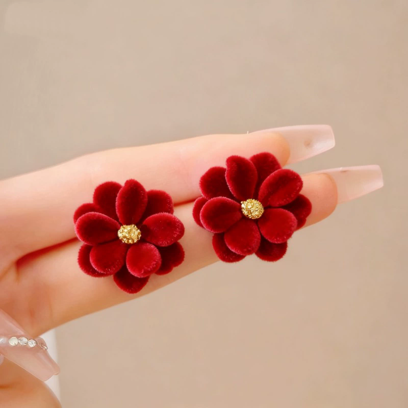 Korean Red Velvet Flower Stud Earrings