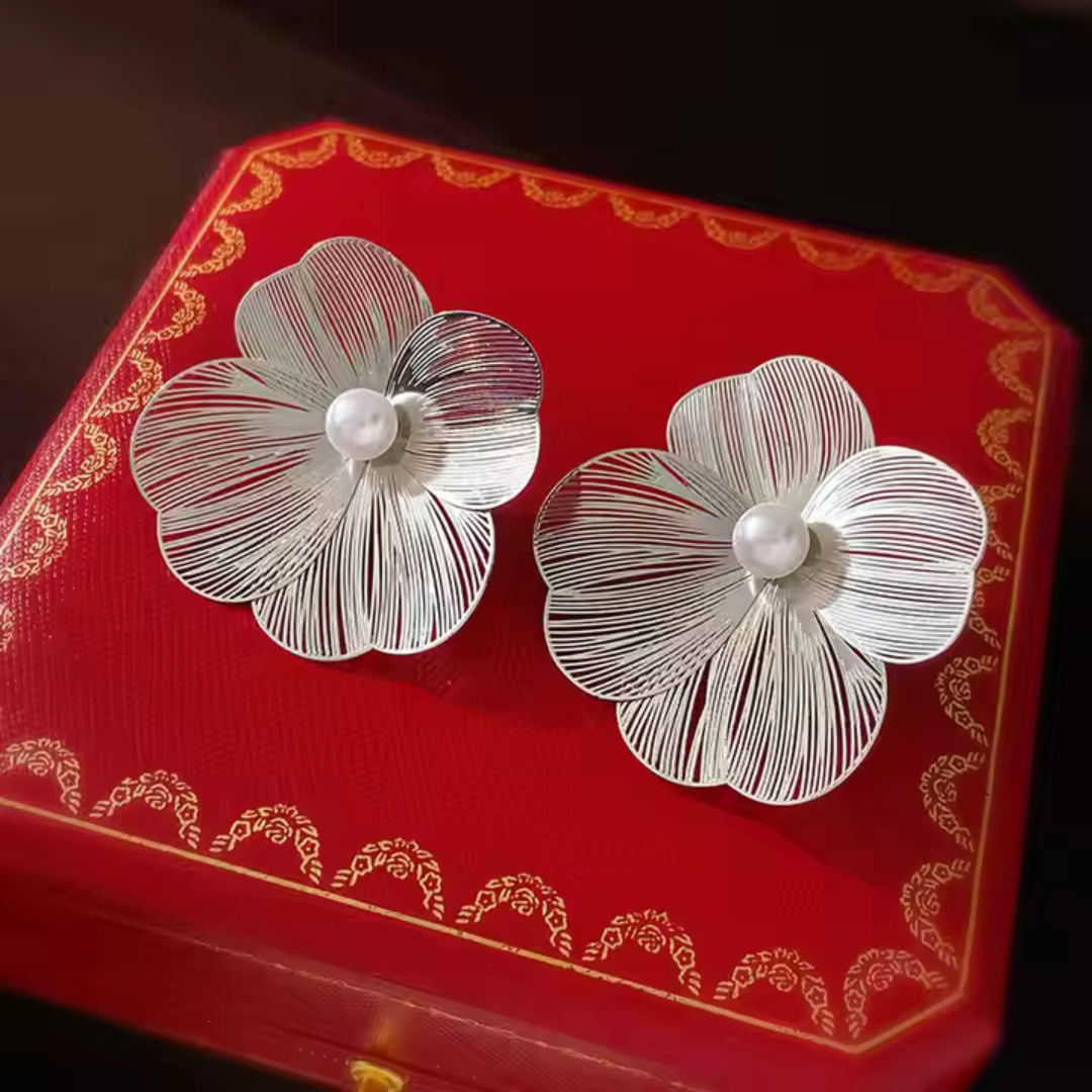 Needle Metal Flower Pearl Earrings - BlingVows - Best Imitation & Anti Tarnish Jewelry Wholesaler