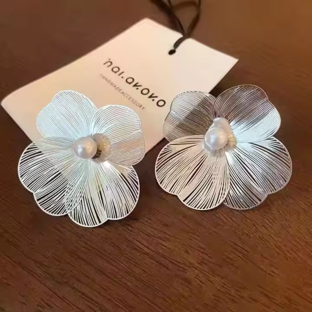 Needle Metal Flower Pearl Earrings - BlingVows - Best Imitation & Anti Tarnish Jewelry Wholesaler