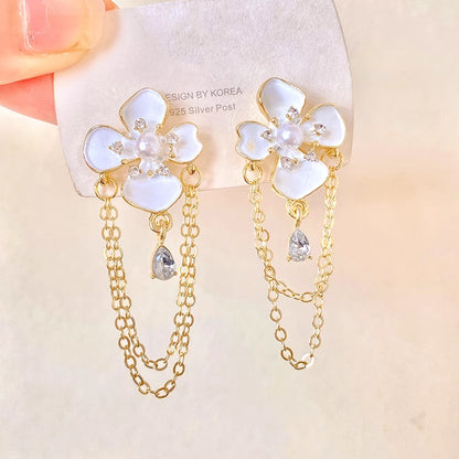 Pearl Blossom Chain Drop Earrings - BlingVows - Best Imitation & Anti Tarnish Jewelry Wholesaler
