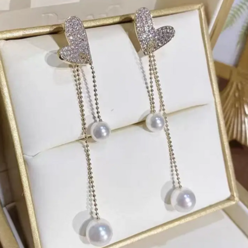 Pearl Crystal Heart Shaped Earrings - BlingVows - Best Imitation & Anti Tarnish Jewelry Wholesaler