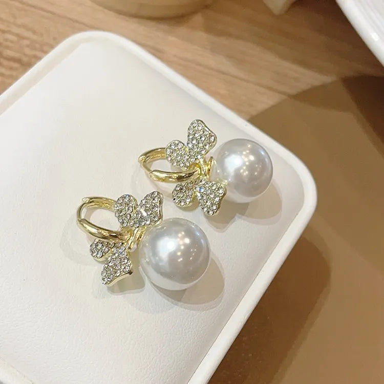 Rhinestone Crystal Diamond Pearl Bow Earring - BlingVows - Best Imitation & Anti Tarnish Jewelry Wholesaler