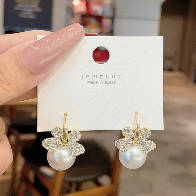 Rhinestone Crystal Diamond Pearl Bow Earring - BlingVows - Best Imitation & Anti Tarnish Jewelry Wholesaler