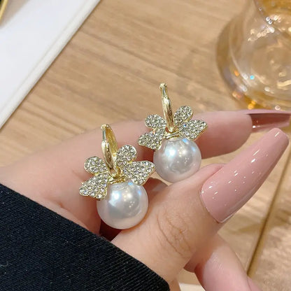 Rhinestone Crystal Diamond Pearl Bow Earring - BlingVows - Best Imitation & Anti Tarnish Jewelry Wholesaler
