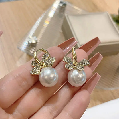 Rhinestone Crystal Diamond Pearl Bow Earring - BlingVows - Best Imitation & Anti Tarnish Jewelry Wholesaler