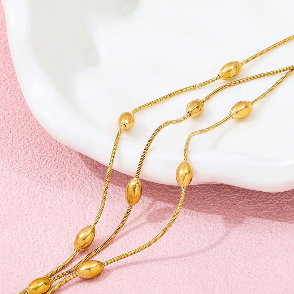 Rice Beaded Triple Layers Chain Bracelet & Necklace - BlingVows - Best Imitation & Anti Tarnish Jewelry Wholesaler