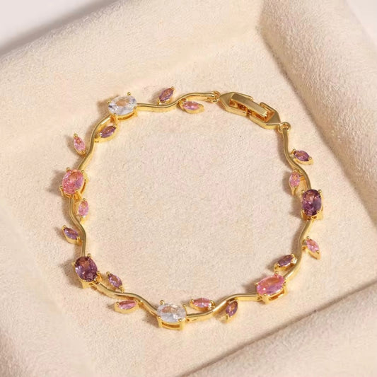 Pink Tulip Crystal Leaf Link Bracelet 316L